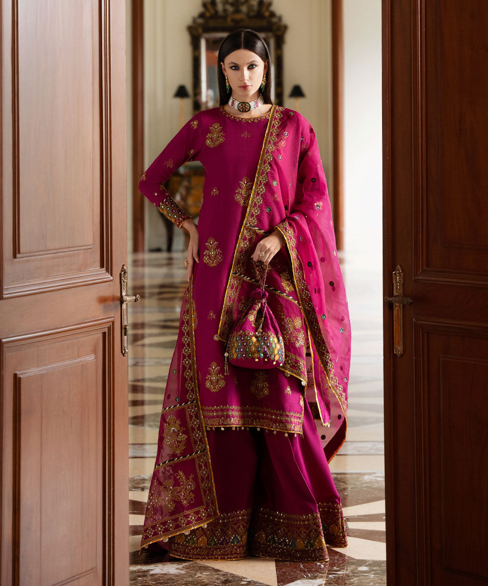 Women's Pret Raw Silk Embroidered Pink 3 Piece Suit