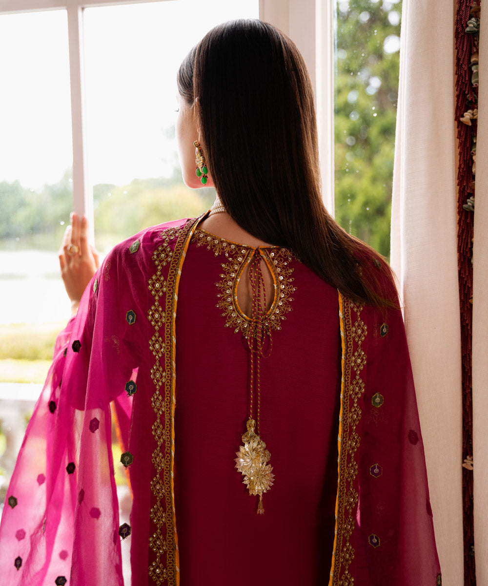 Women's Pret Raw Silk Embroidered Pink 3 Piece Suit