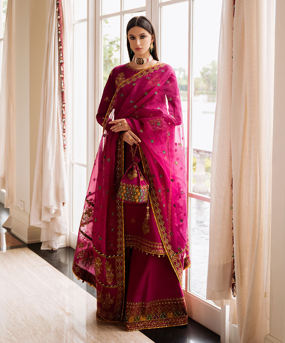 Women's Pret Raw Silk Embroidered Pink 3 Piece Suit