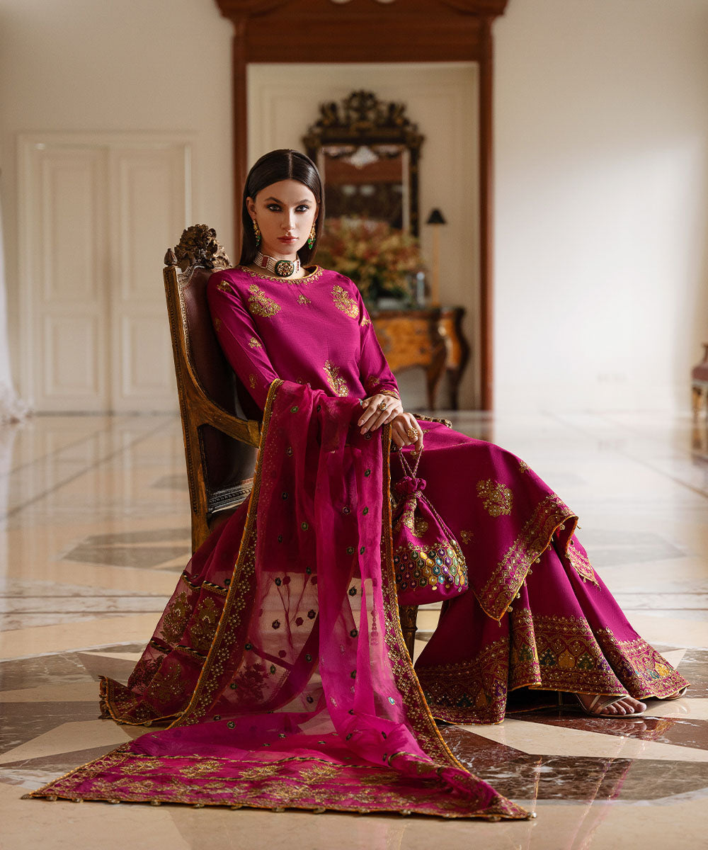 Women's Pret Raw Silk Embroidered Pink 3 Piece Suit