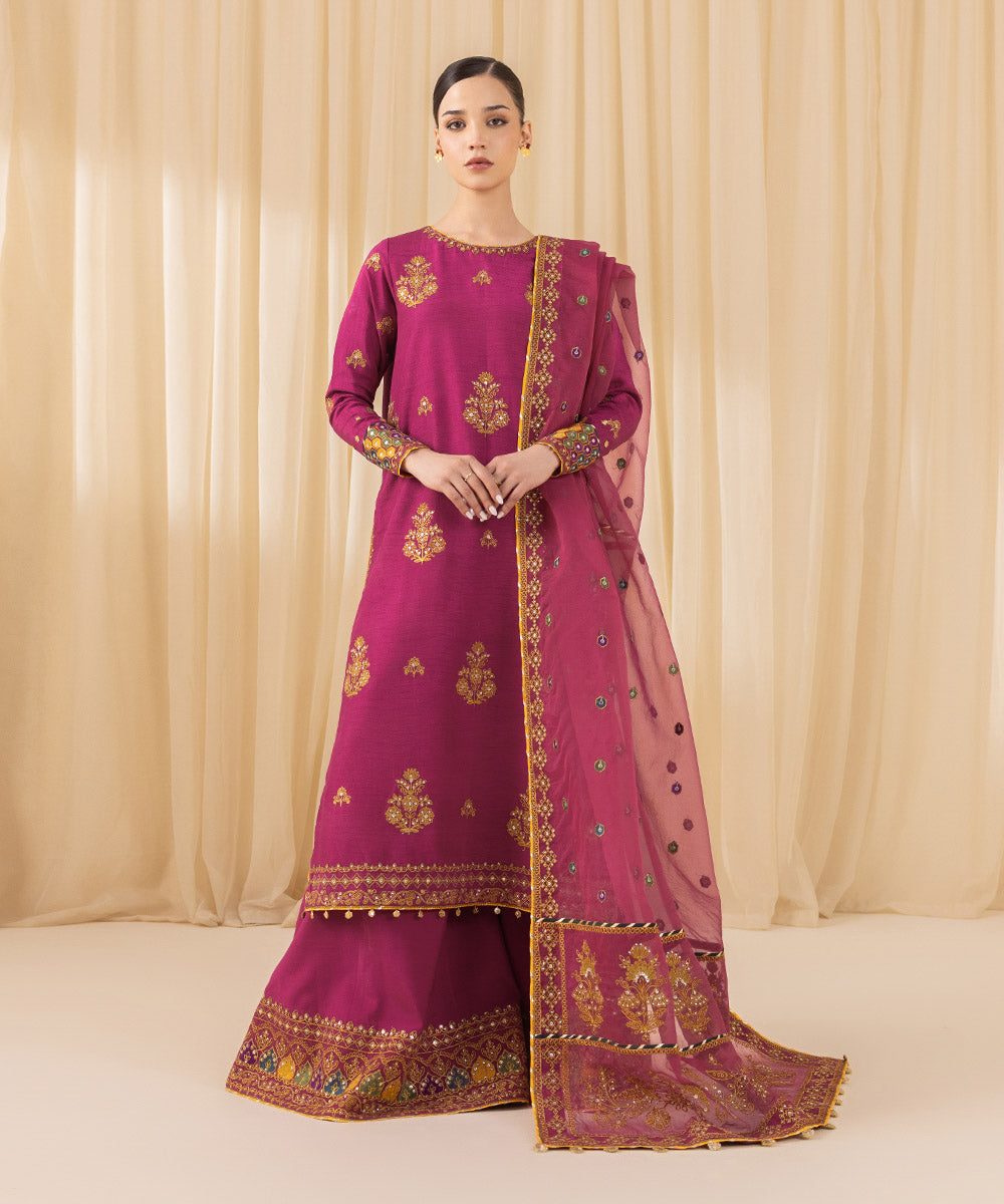 Women's Unstitched Embroidered Viscose Raw Silk Pink 3 Piece Suit