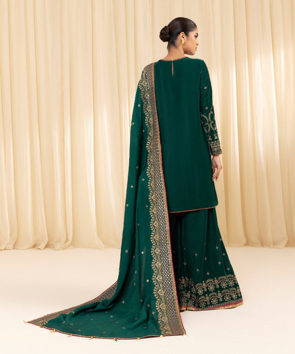 Women's Unstitched Embroidered Velvet Green 3 Piece Suit