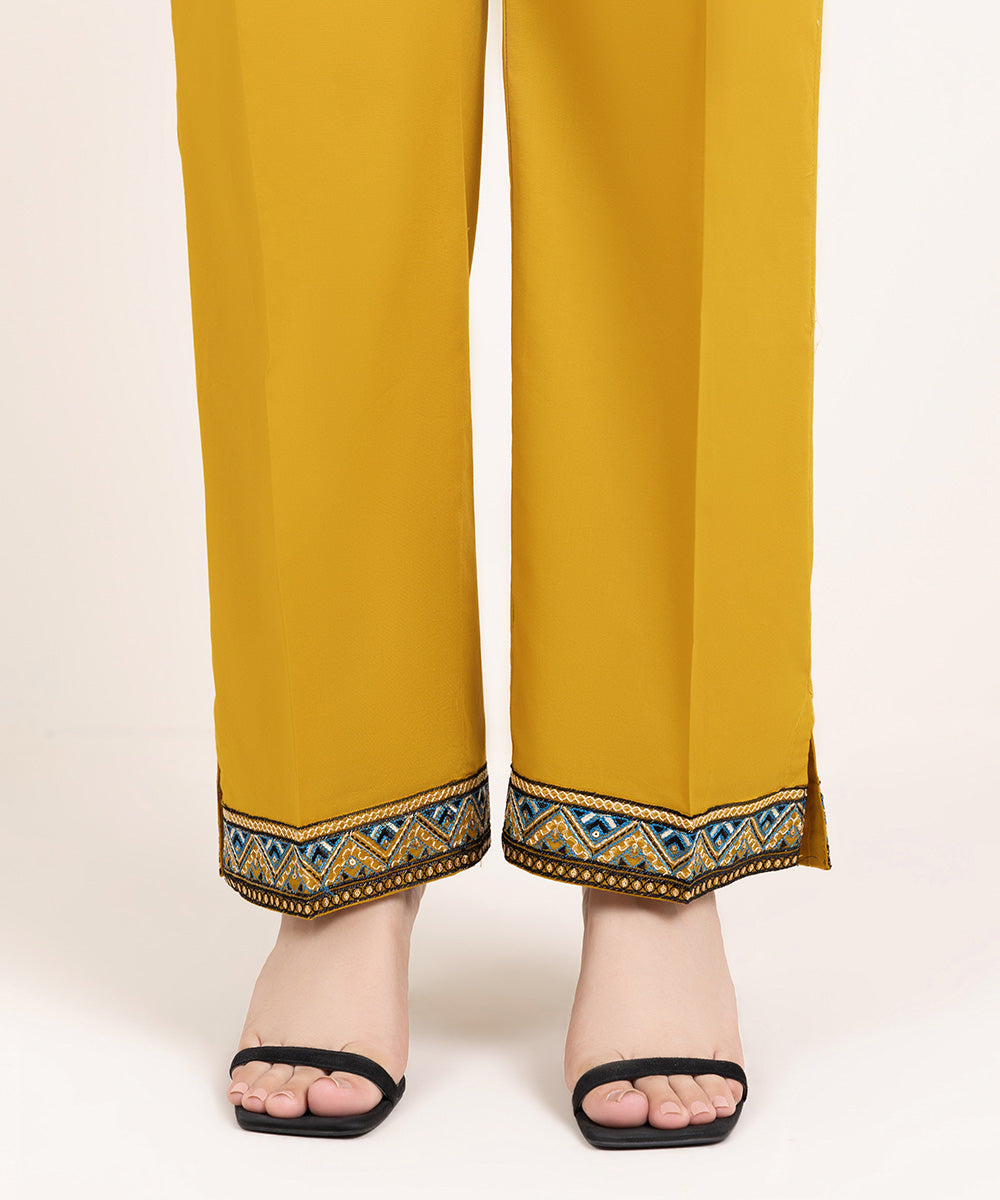 Women's Pret Cambric Embroidered Yellow Straight Pants