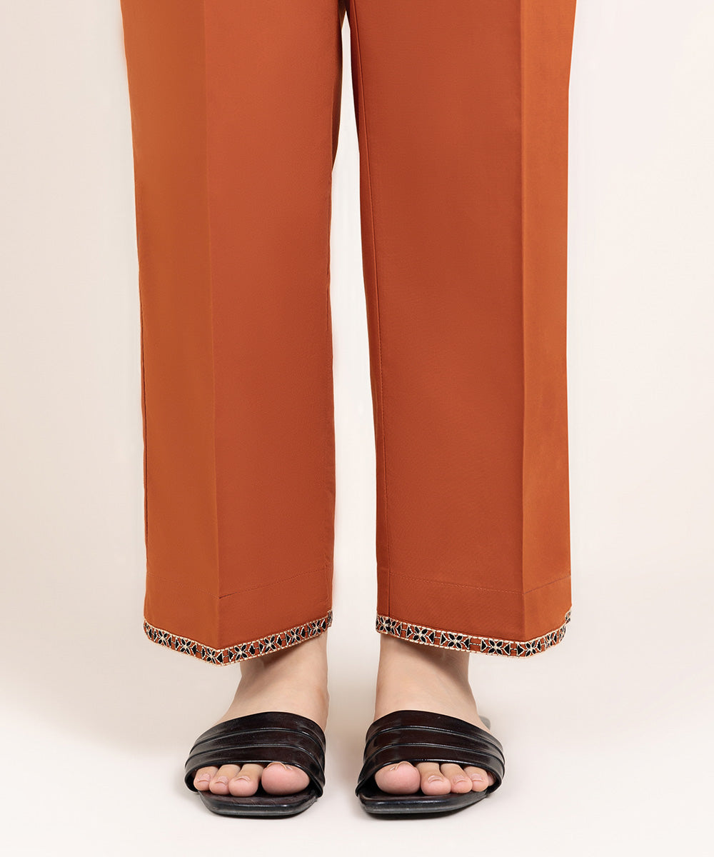 Women's Pret Cambric Embroidered Orange Straight Pants