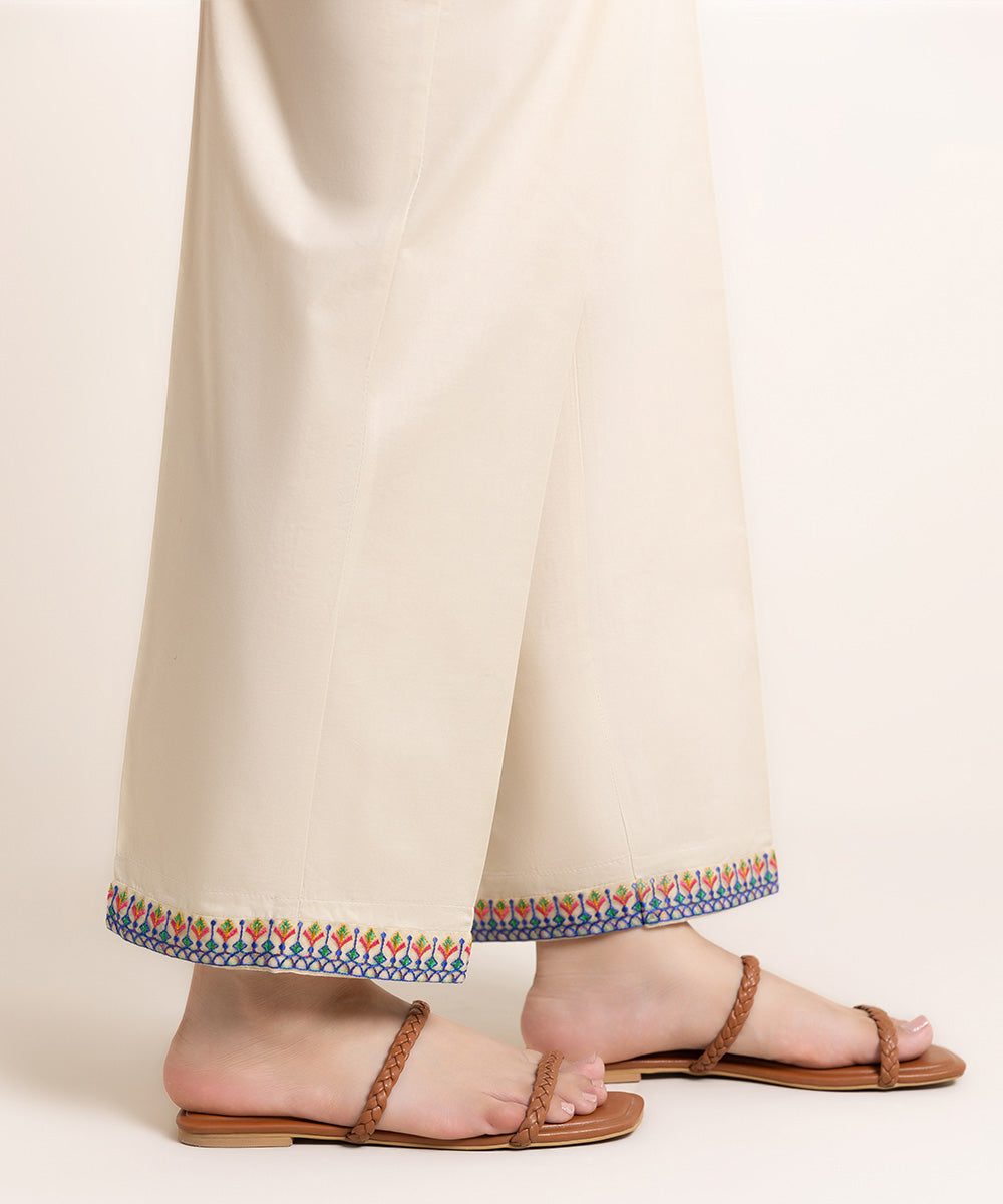 Women's Pret Cambric Embroidered Beige Straight Pants