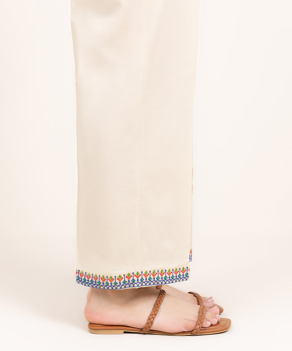 Women's Pret Cambric Embroidered Beige Straight Pants