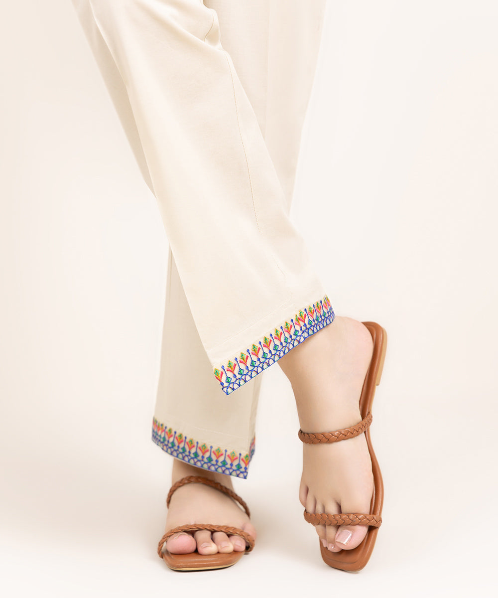 Women's Pret Cambric Embroidered Beige Straight Pants