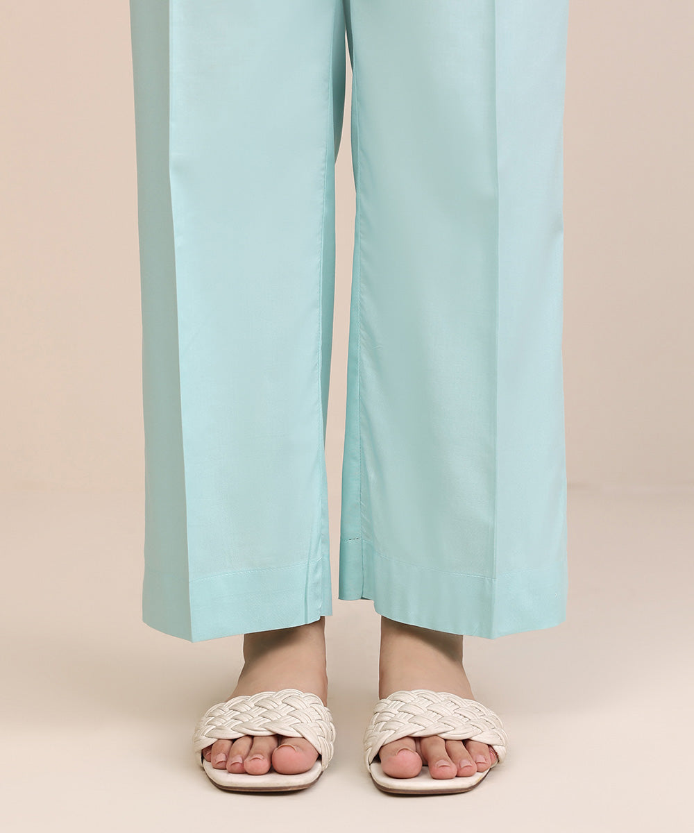 Women's Pret Cotton Viscose Blue Solid Straight Pants