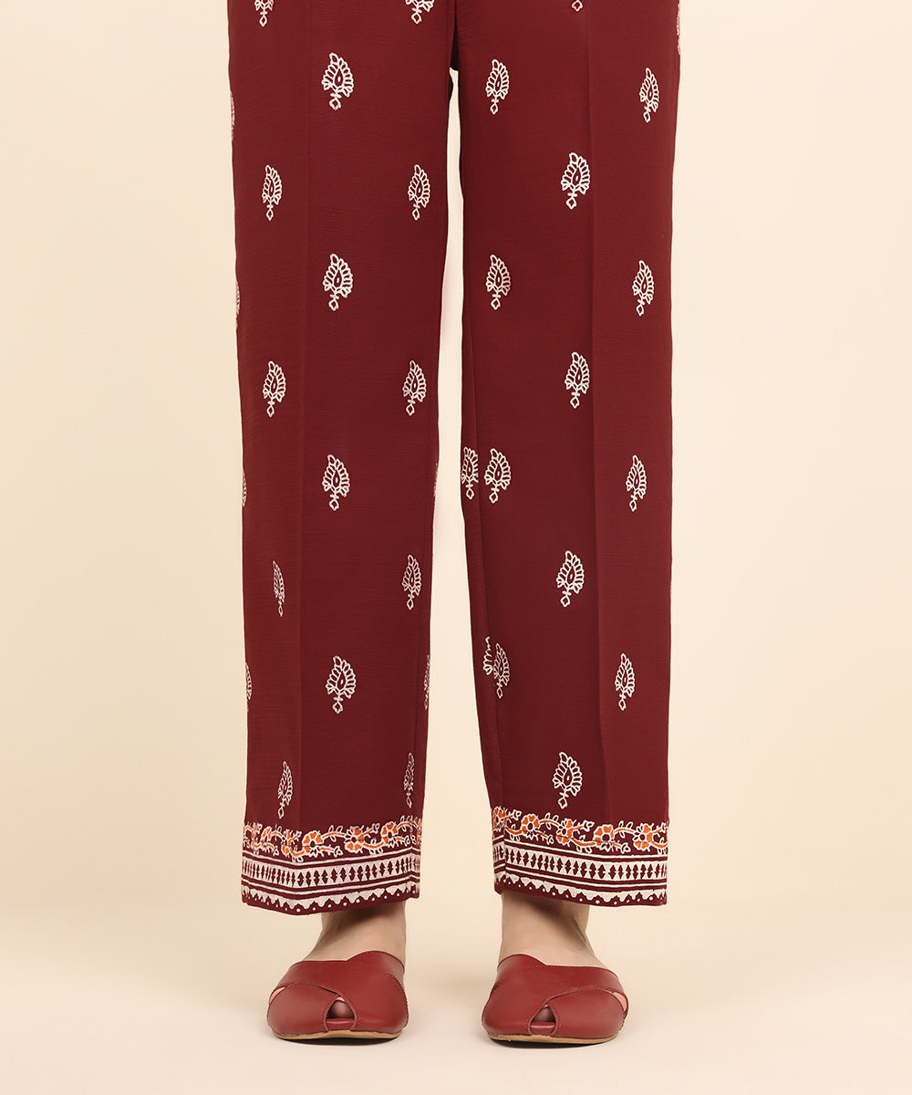 Women's Pret Khaddar Red Printed Straight Pants