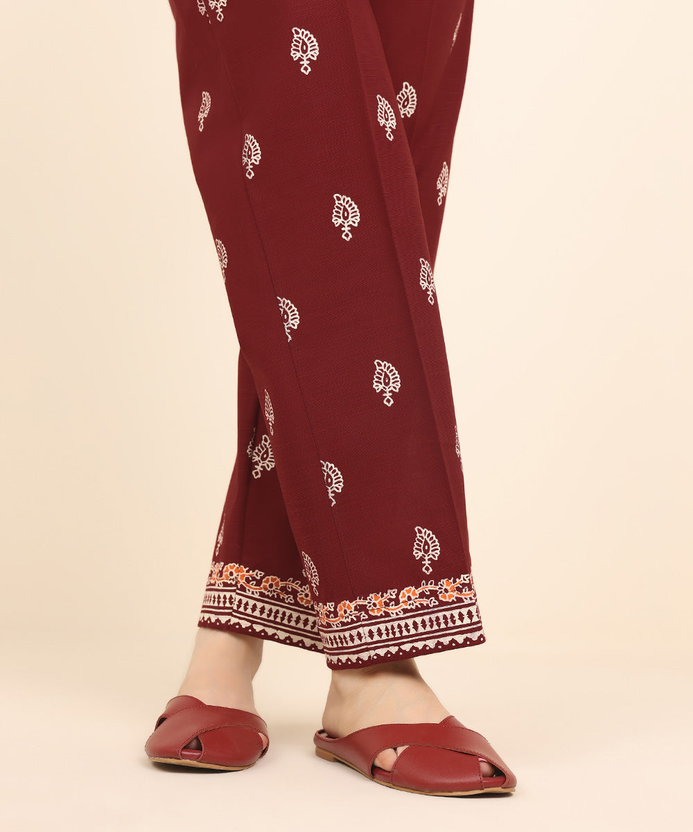 Women's Pret Khaddar Red Printed Straight Pants