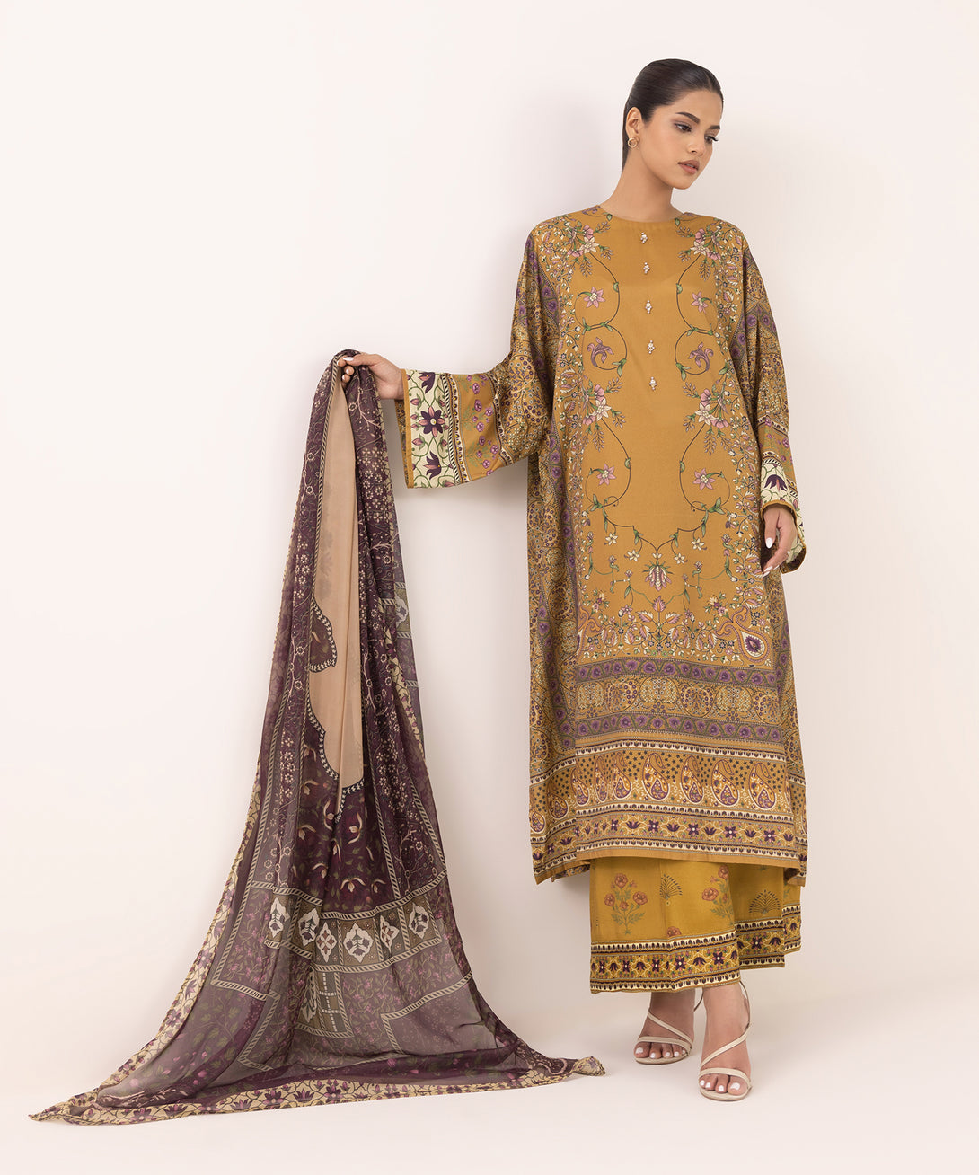 Women's RTW Silk Cotton Net Brown Printed 3 Piece Suit