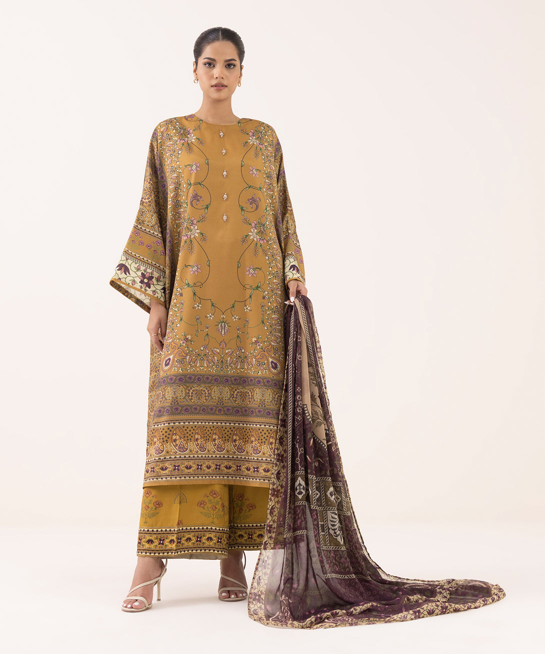 Women's RTW Silk Cotton Net Brown Printed 3 Piece Suit