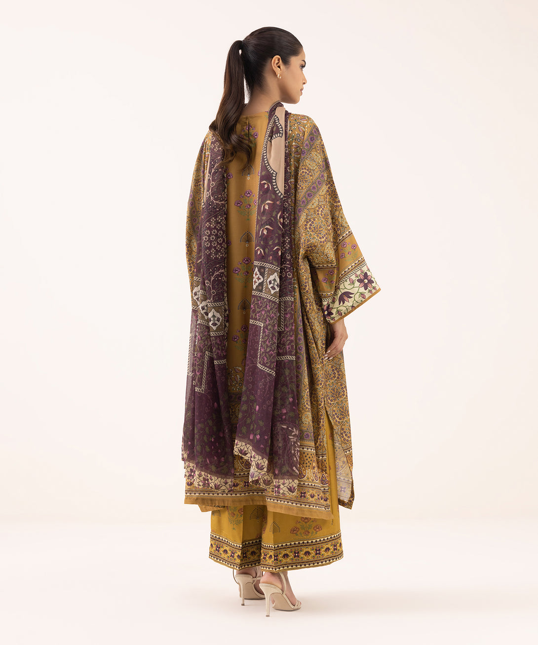 Women's RTW Silk Cotton Net Brown Printed 3 Piece Suit