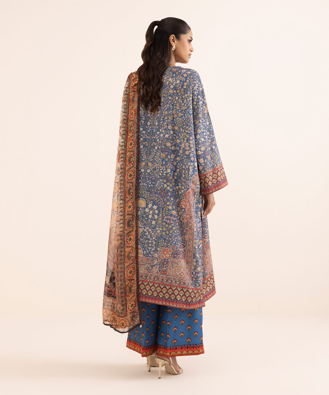 Women's RTW Blended Grip Blue Printed 3 Piece Suit
