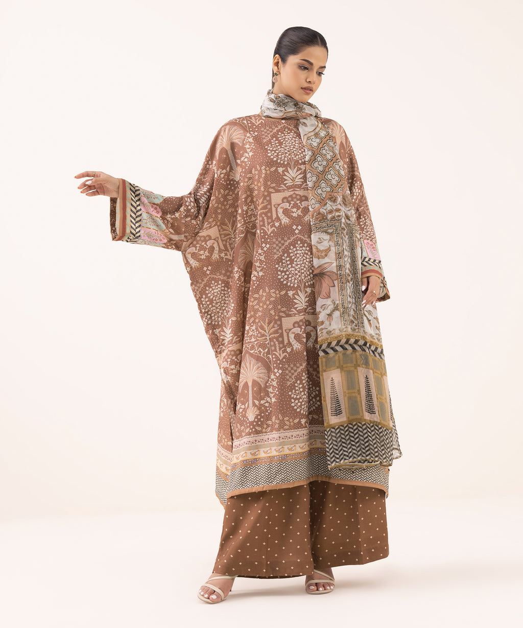 Women's RTW Blended Grip Brown Printed 3 Piece Suit