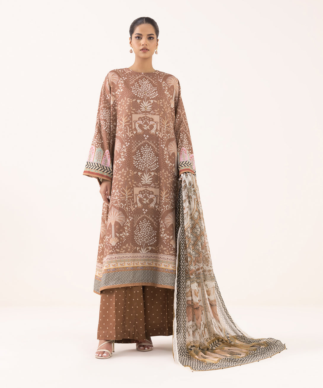 Women's RTW Blended Grip Brown Printed 3 Piece Suit