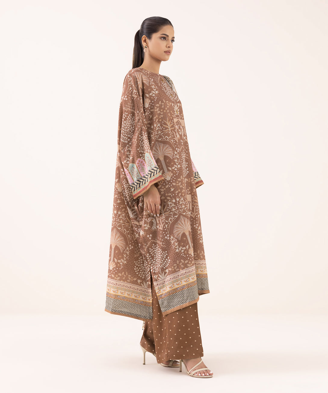 Women's RTW Blended Grip Brown Printed 3 Piece Suit