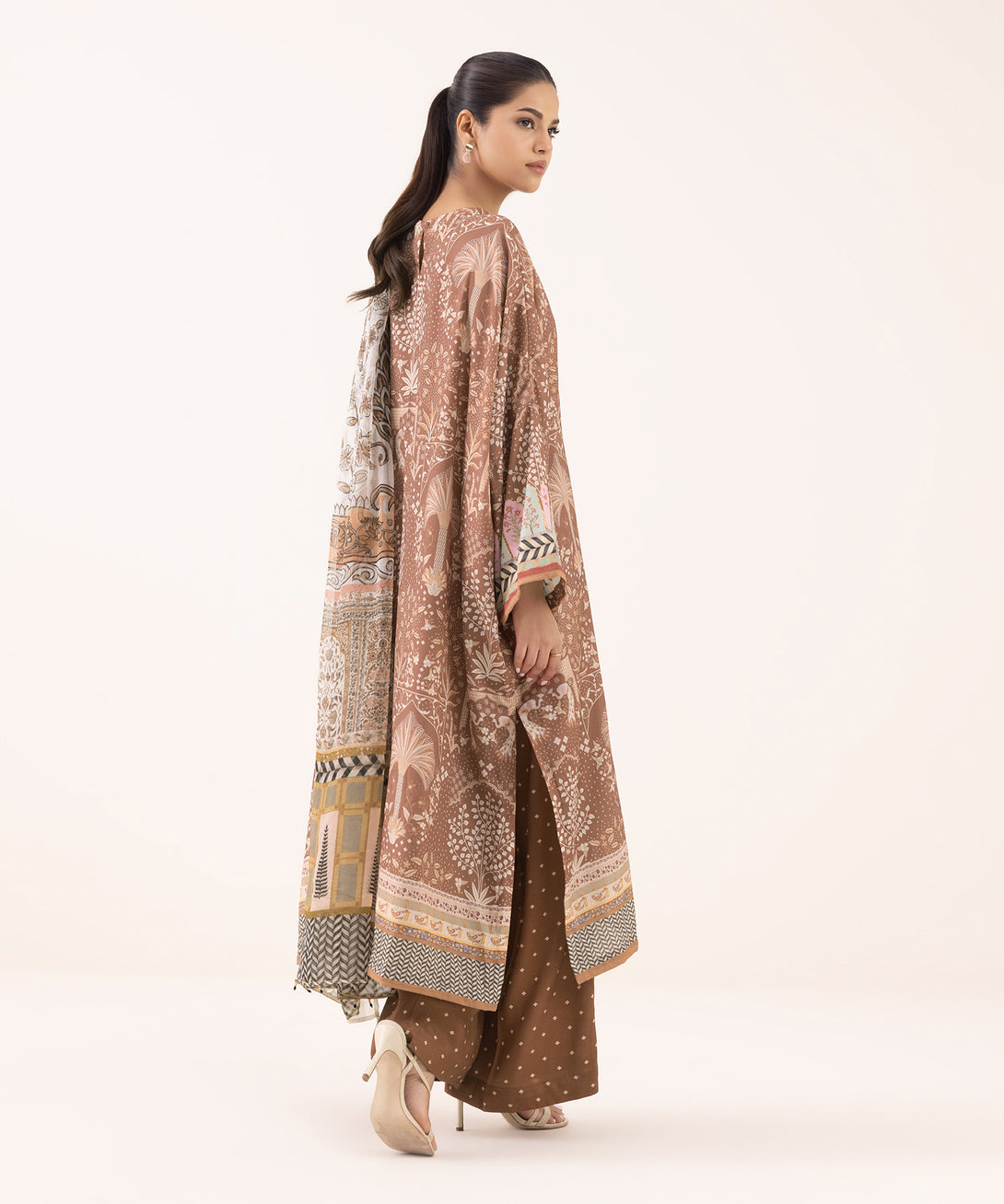 Women's RTW Blended Grip Brown Printed 3 Piece Suit