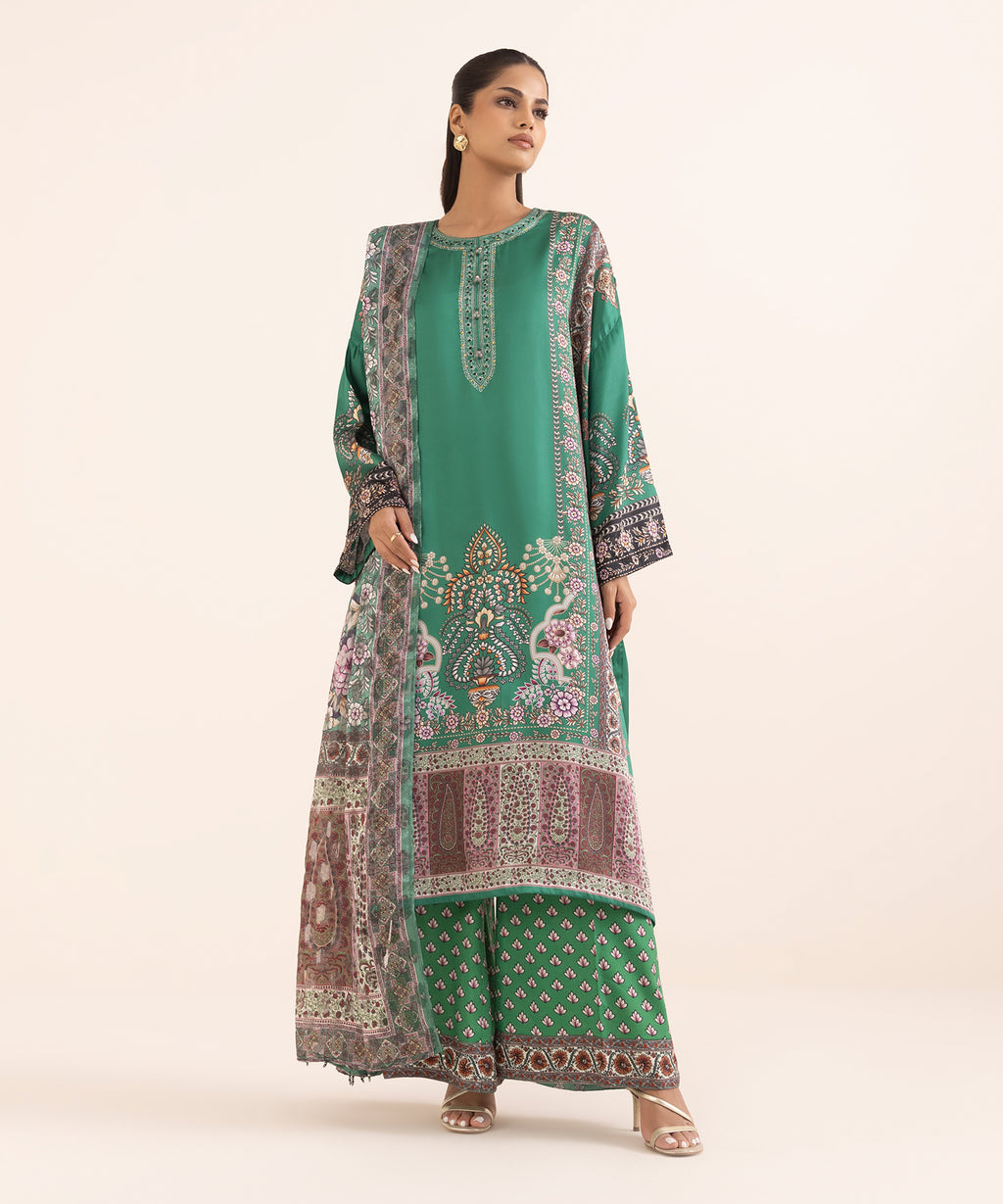 Women's RTW Blended Satin Green Printed 3 Piece Suit