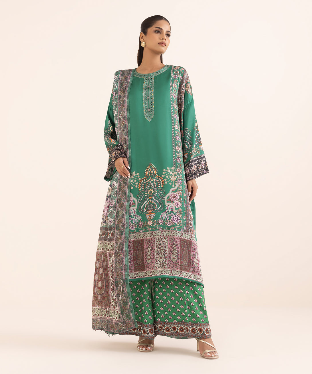 Women's RTW Blended Satin Green Printed 3 Piece Suit