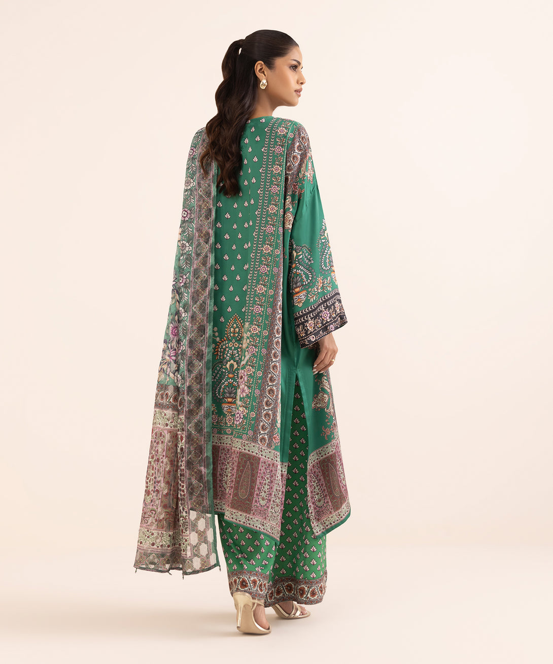 Women's RTW Blended Satin Green Printed 3 Piece Suit