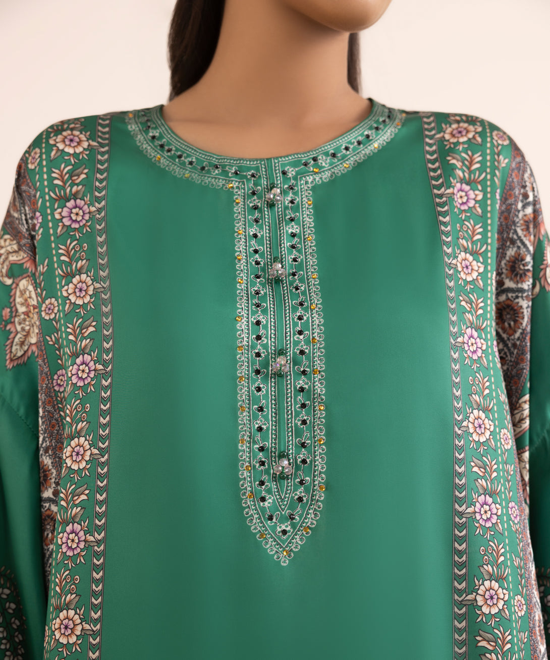 Women's RTW Blended Satin Green Printed 3 Piece Suit