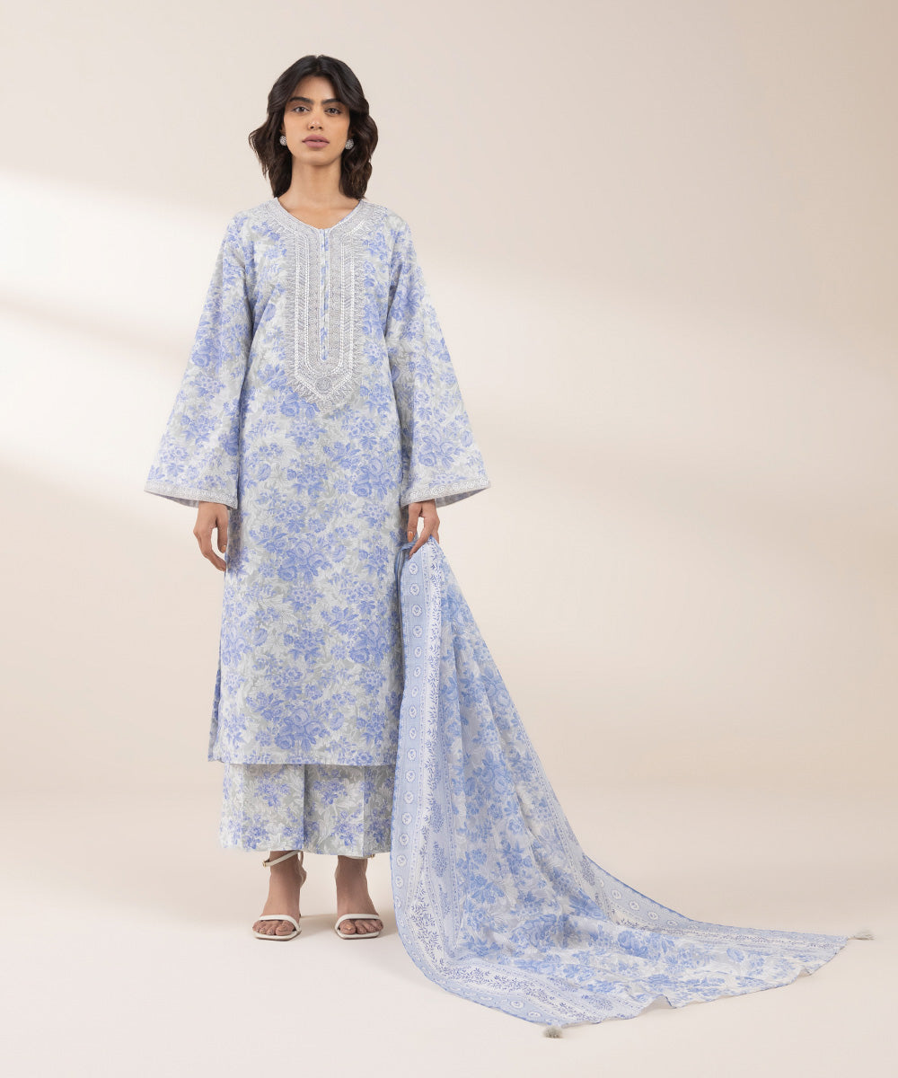 Women's Unstitched Lawn Embroidered Blue 3 Piece Suit