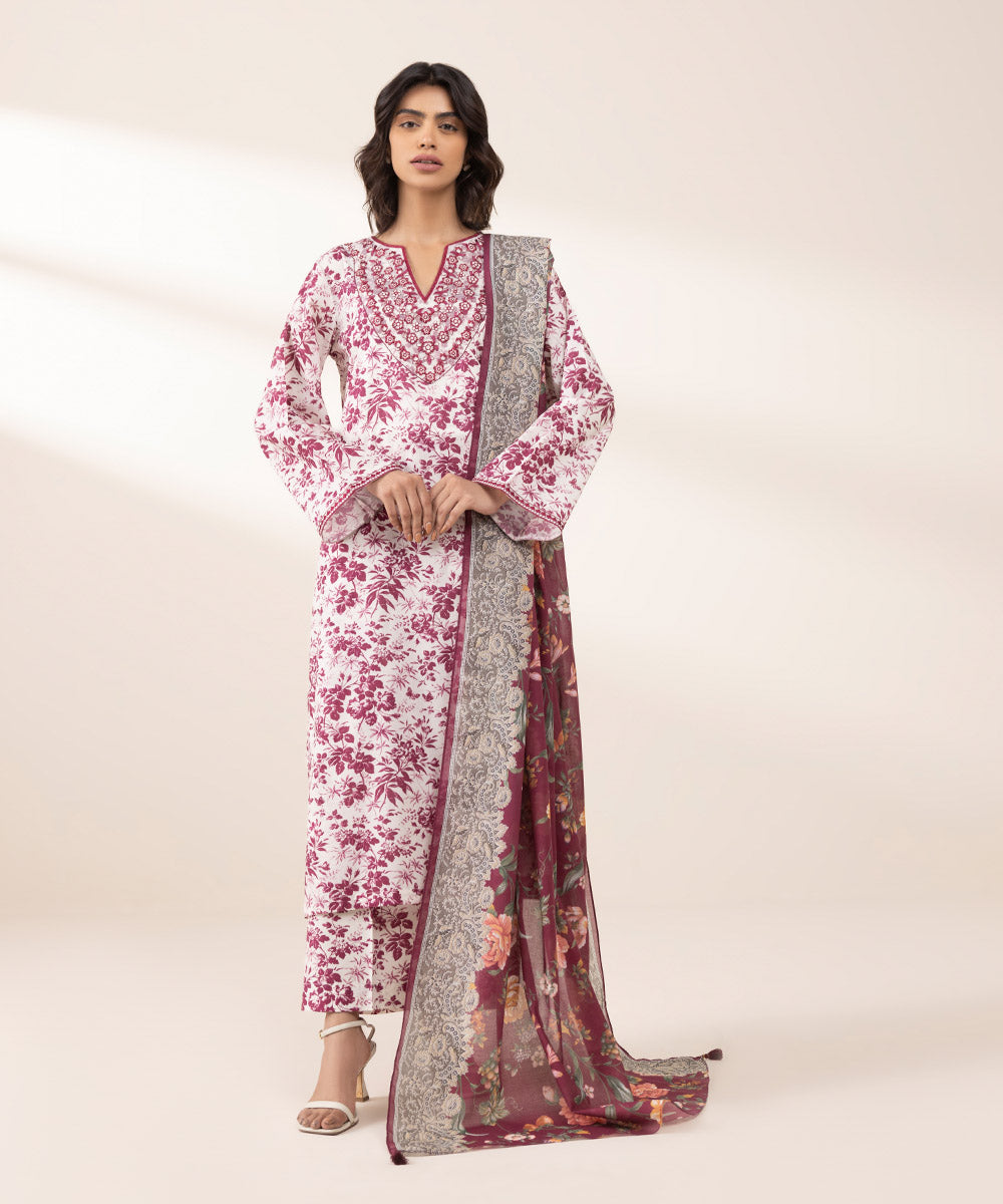 Women's Unstitched Lawn Embroidered Red 3 Piece Suit