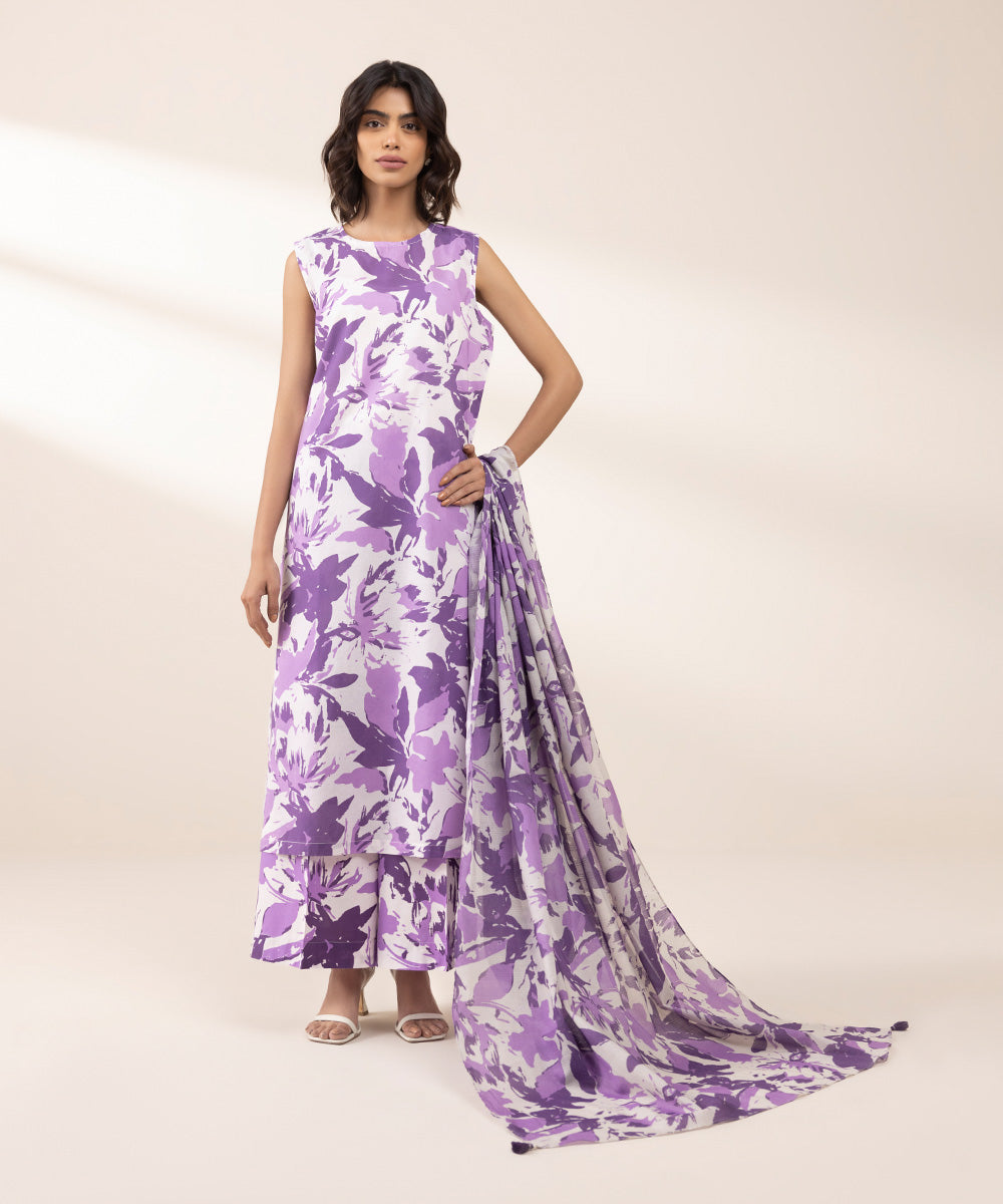 Women's Unstitched Lawn Printed Purple 3 Piece Suit