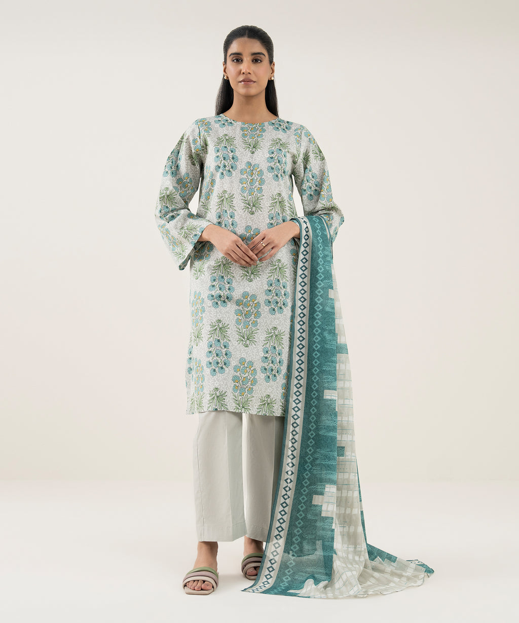 Women's Unstitched Lawn Printed Green 3 Piece Suit