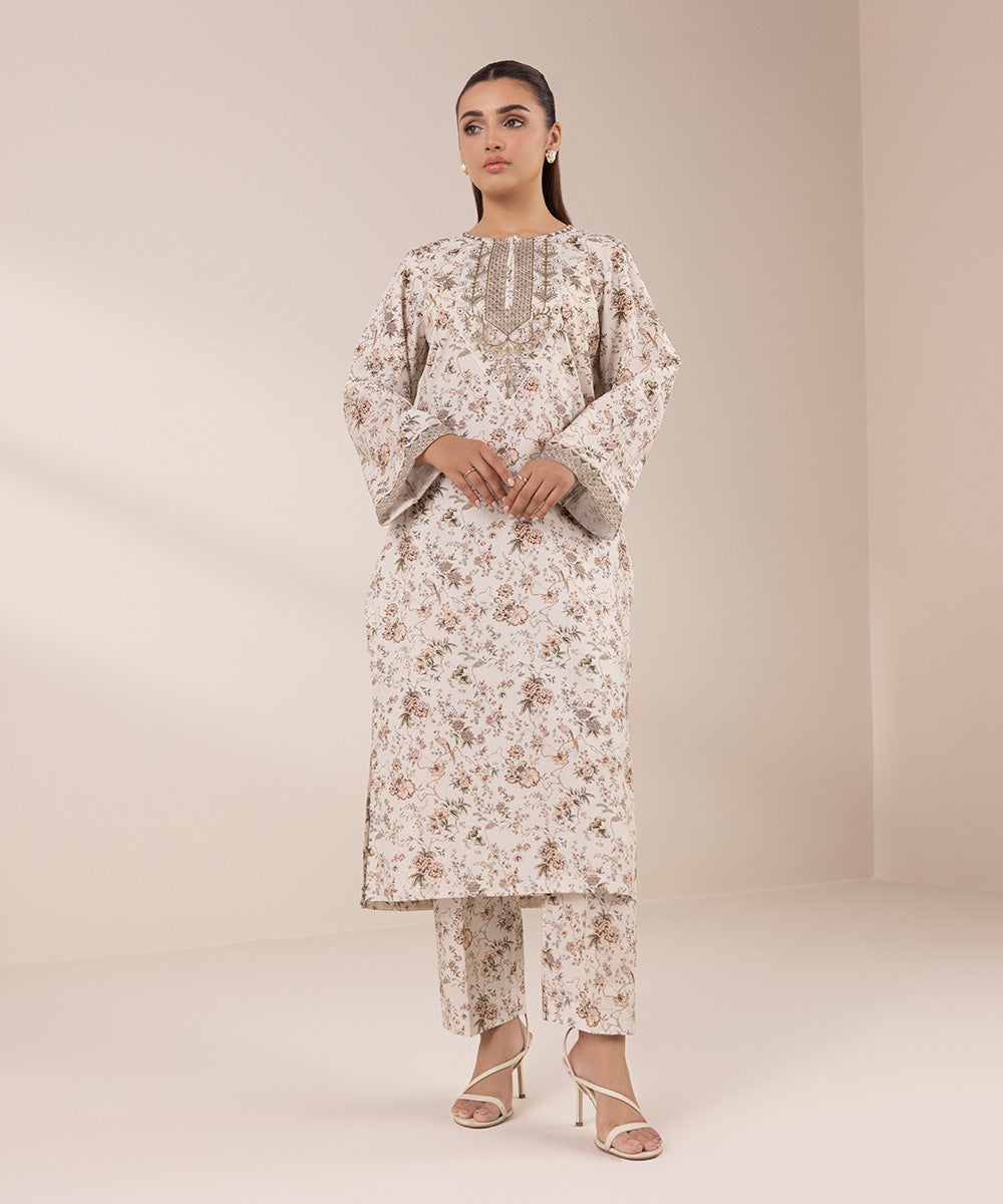 Women's Unstitched Lawn Embroidered Beige 2 Piece Suit