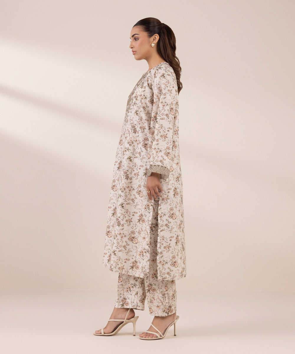 Women's Unstitched Lawn Embroidered Beige 2 Piece Suit