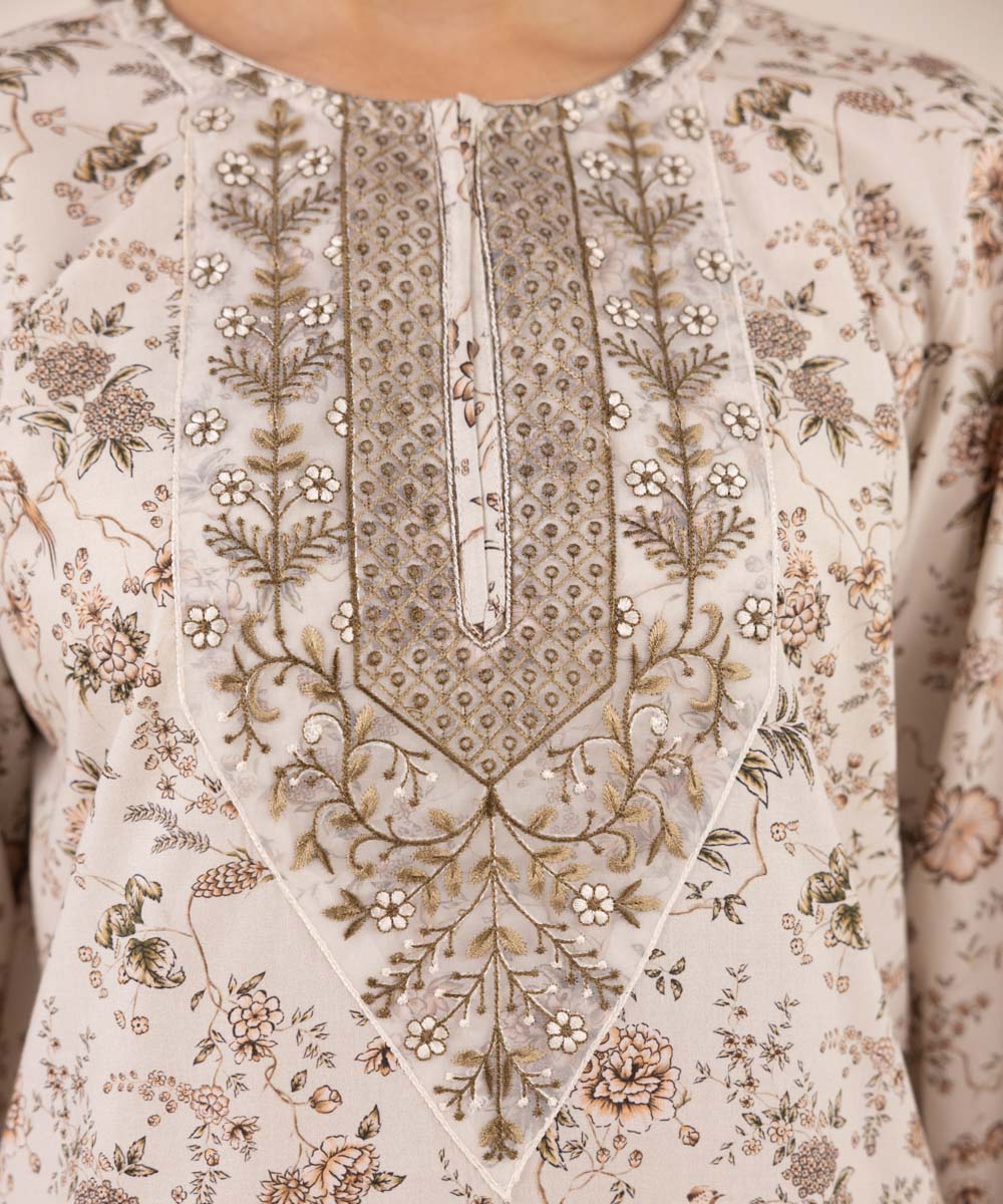 Women's Unstitched Lawn Embroidered Beige 2 Piece Suit