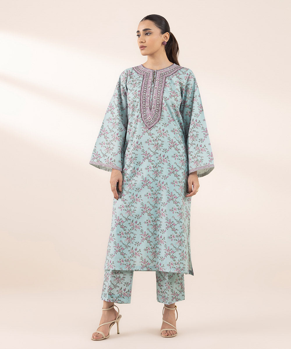 Women's Unstitched Lawn Embroidered Blue 2 Piece Suit