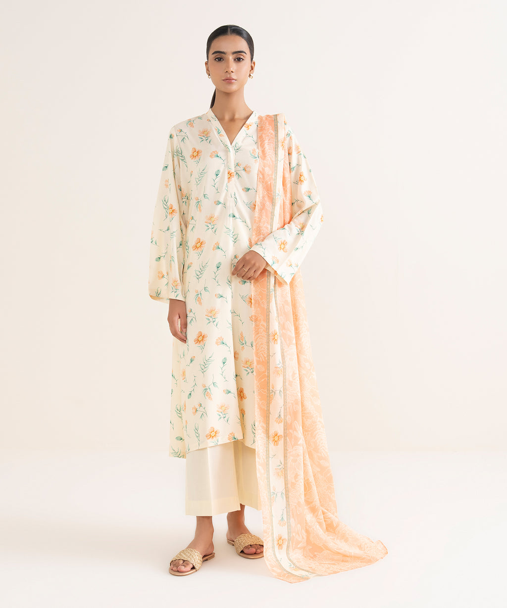 Women's Fine Voile Orange Printed Dupatta