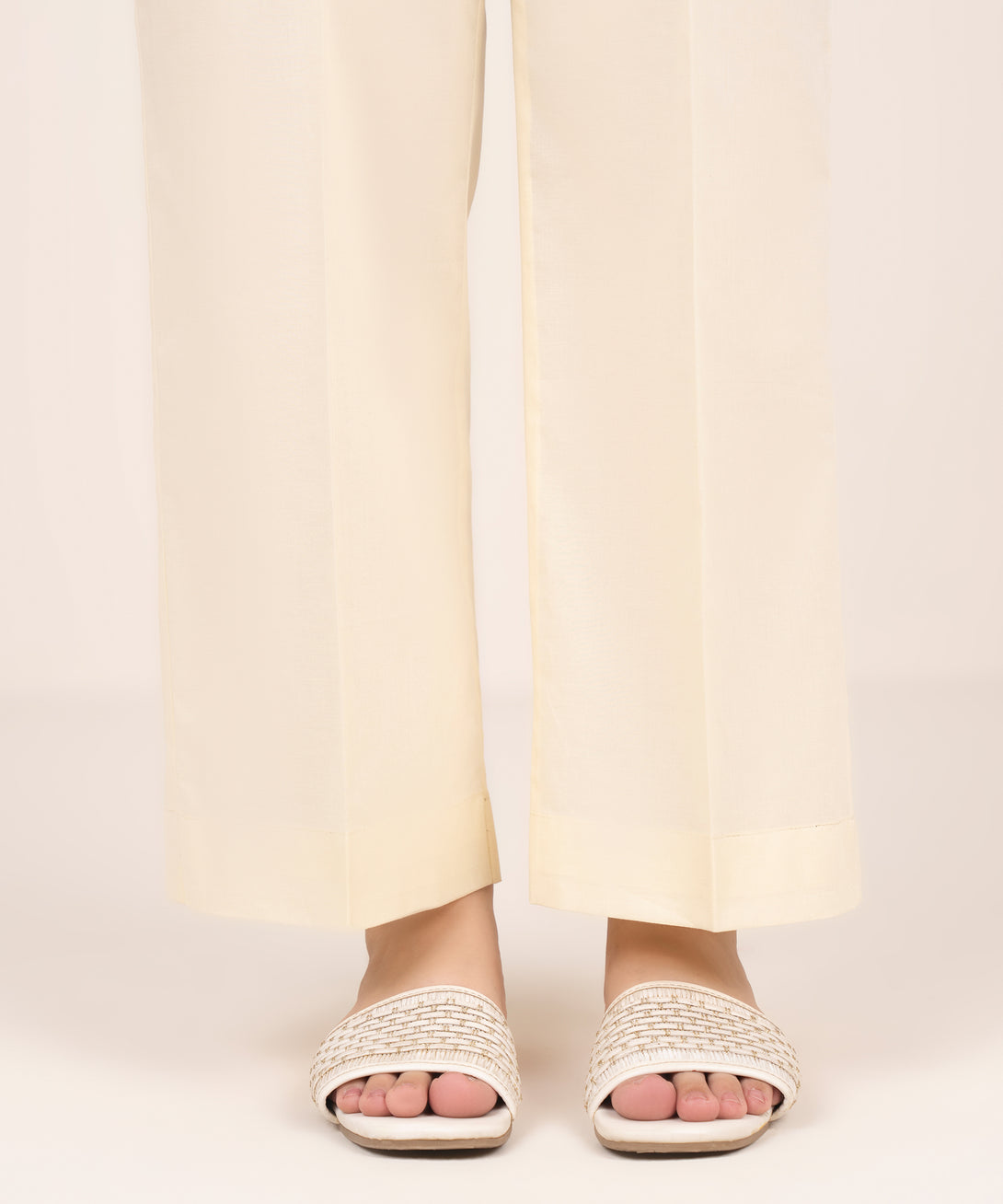 Women's RTW Cambric Beige Solid Straight Pants