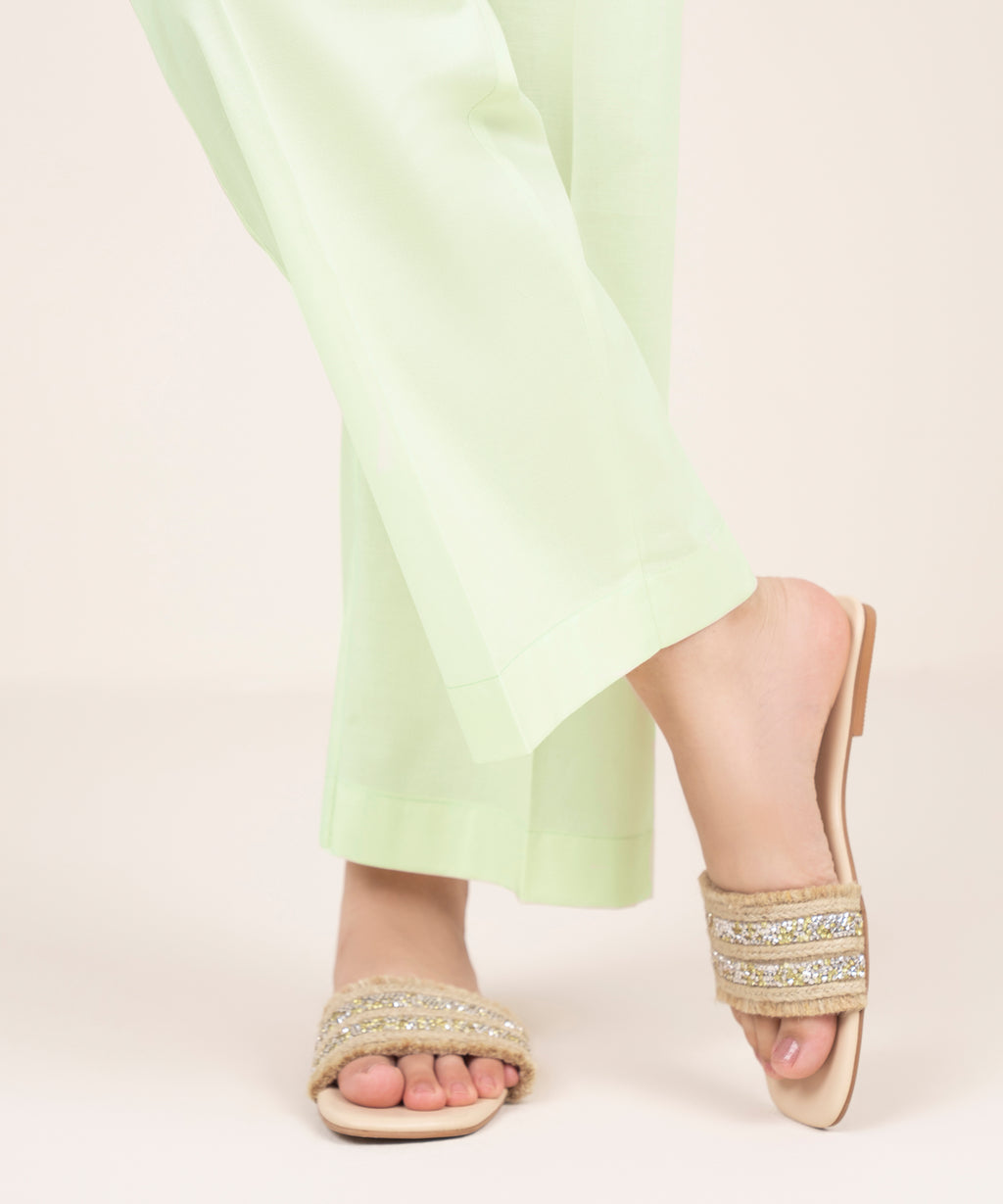 Women's RTW Cambric Green Solid Straight Pants