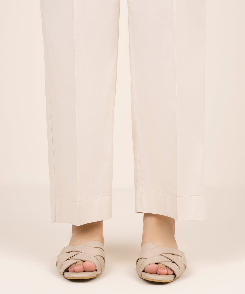Women's RTW Cotton Viscose Off White Solid Straight Pants