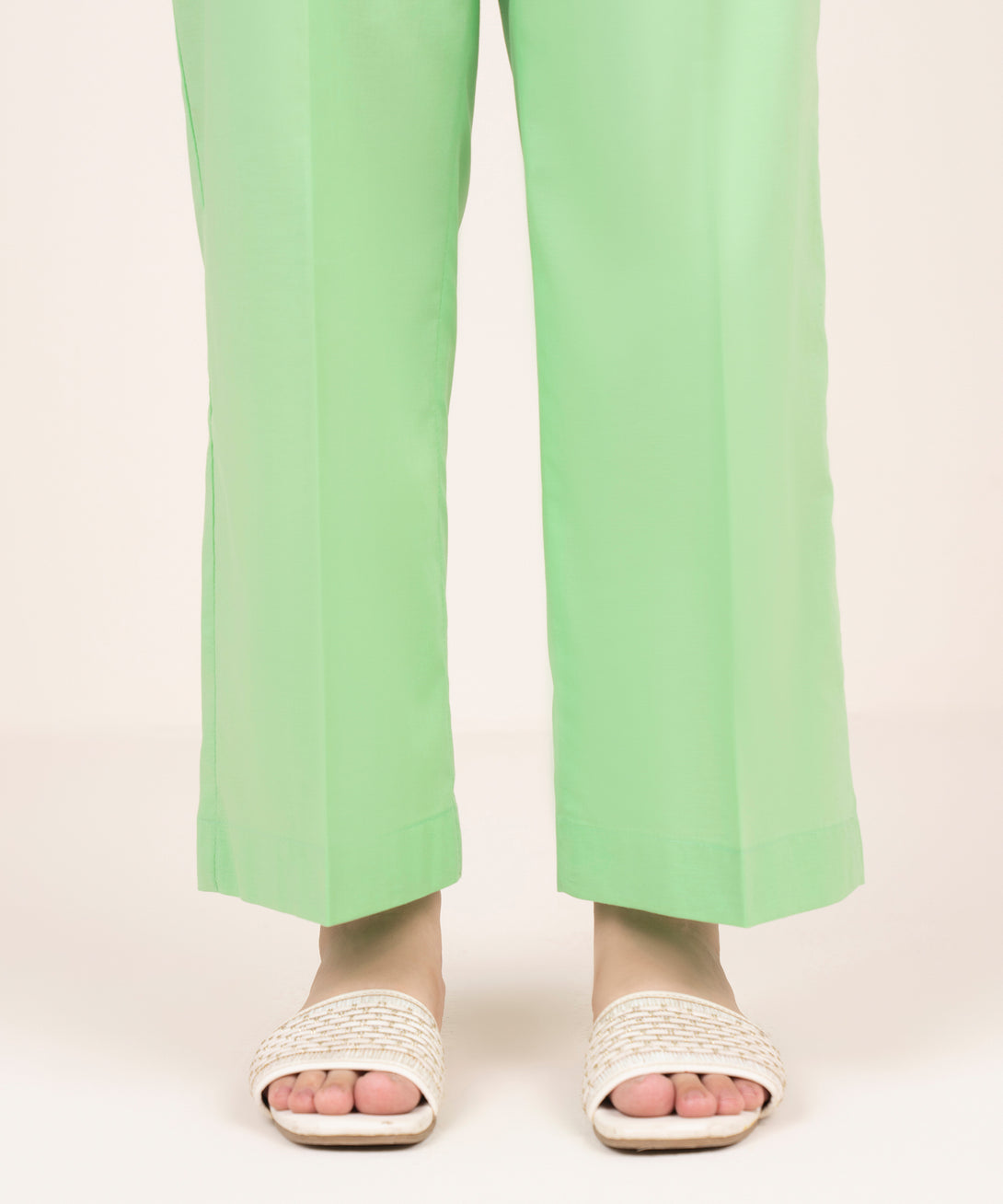 Women's RTW Cotton Viscose Green Solid Straight Pants