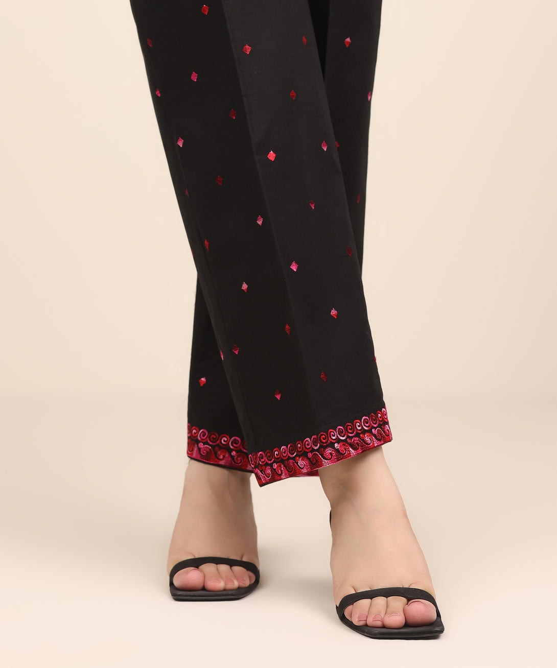 Women's RTW Textured Cotton Black Embroidered Straight Pants