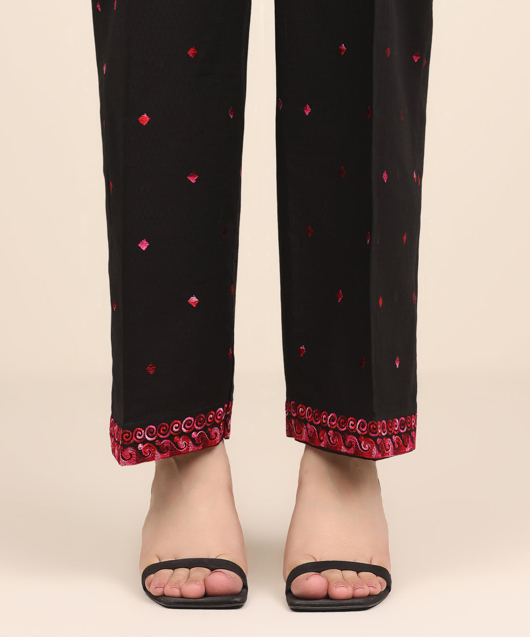Women's RTW Textured Cotton Black Embroidered Straight Pants