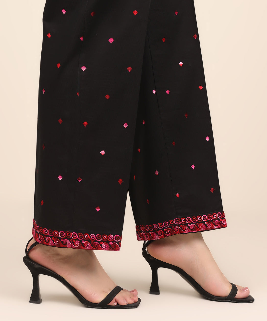 Women's RTW Textured Cotton Black Embroidered Straight Pants