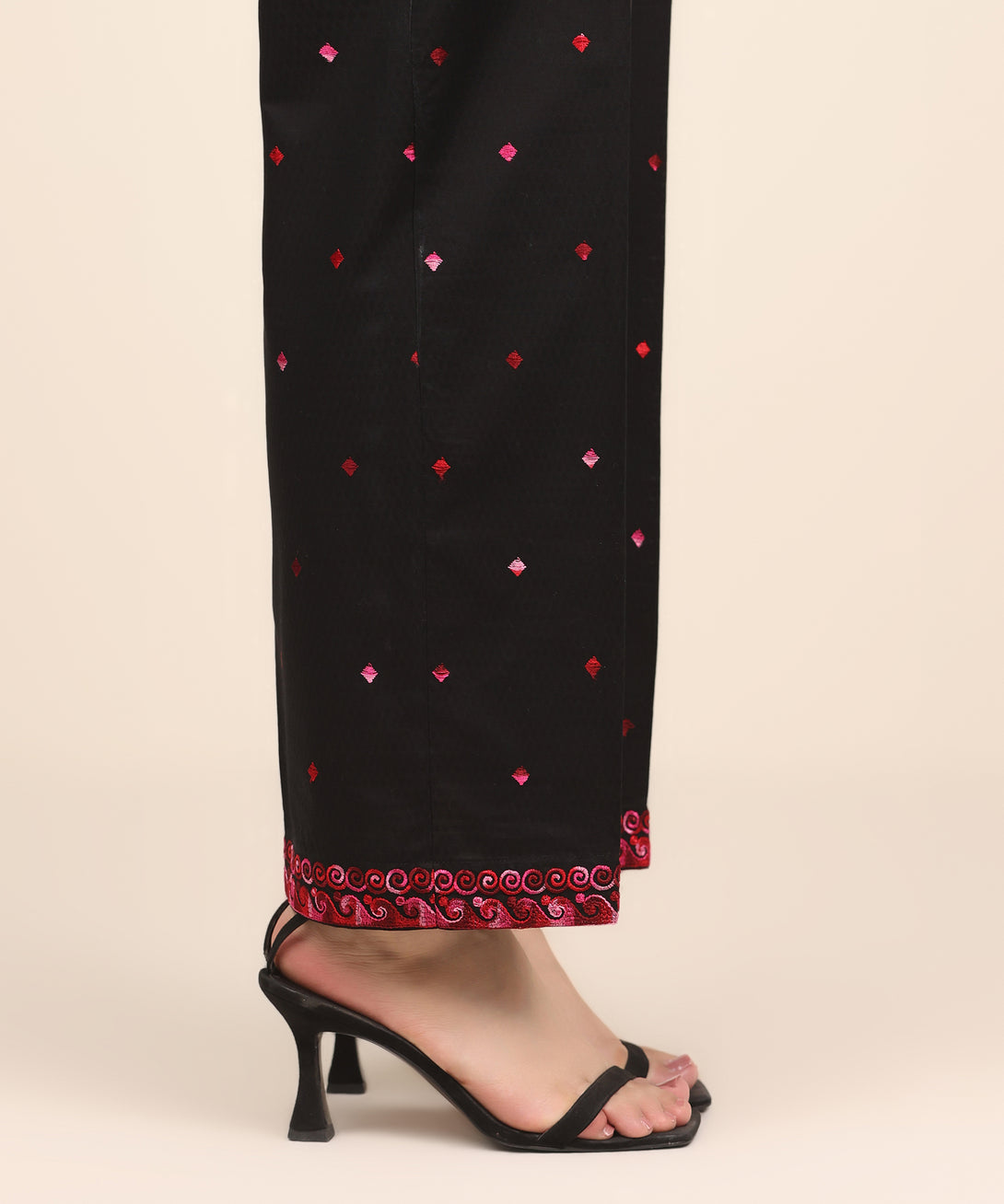 Women's RTW Textured Cotton Black Embroidered Straight Pants