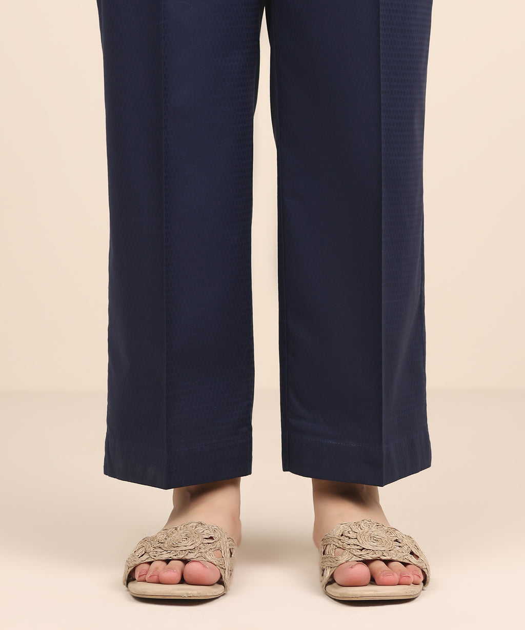 Women's RTW Textured Cotton Blue Solid Straight Pants