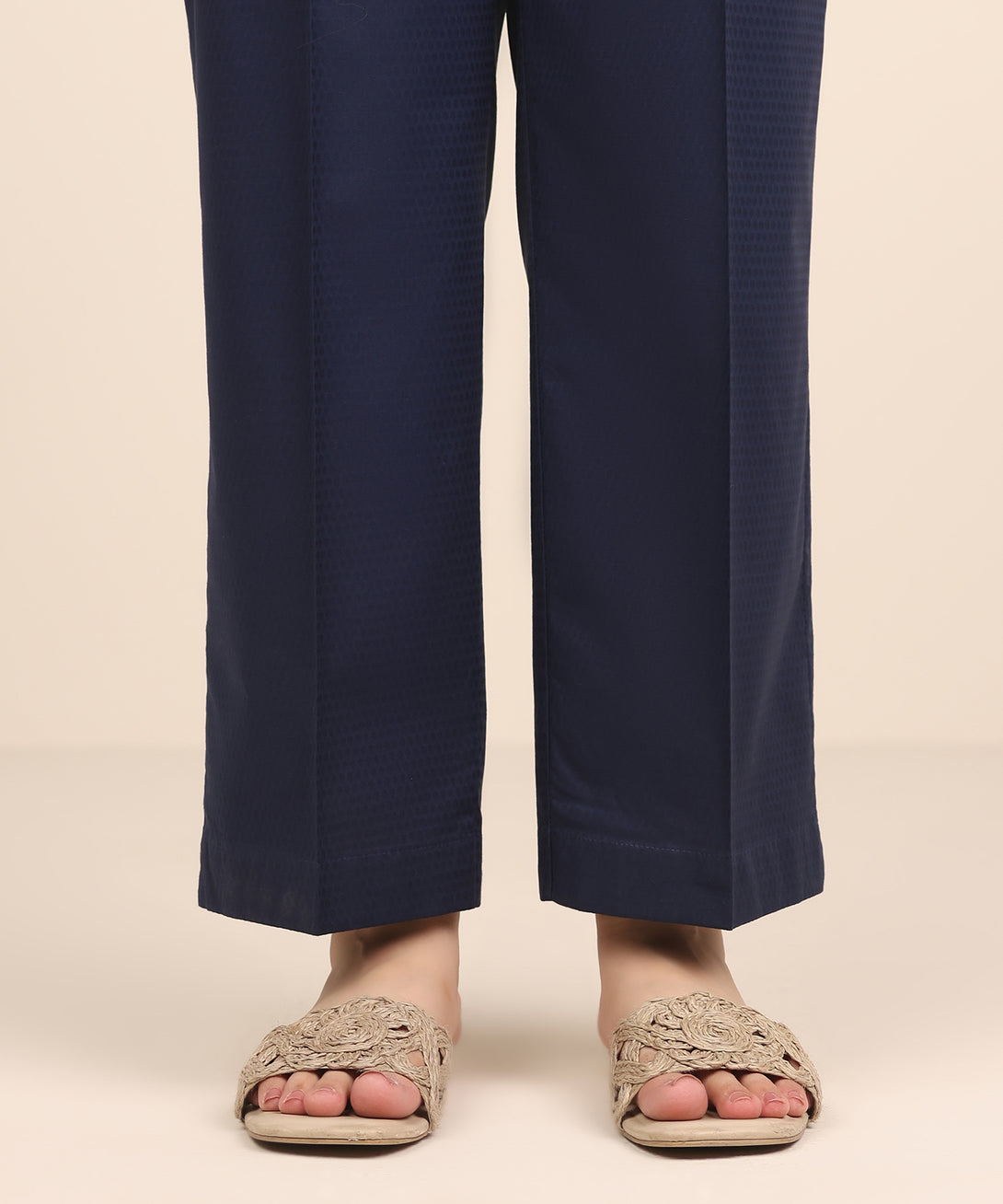 Women's RTW Textured Cotton Blue Solid Straight Pants