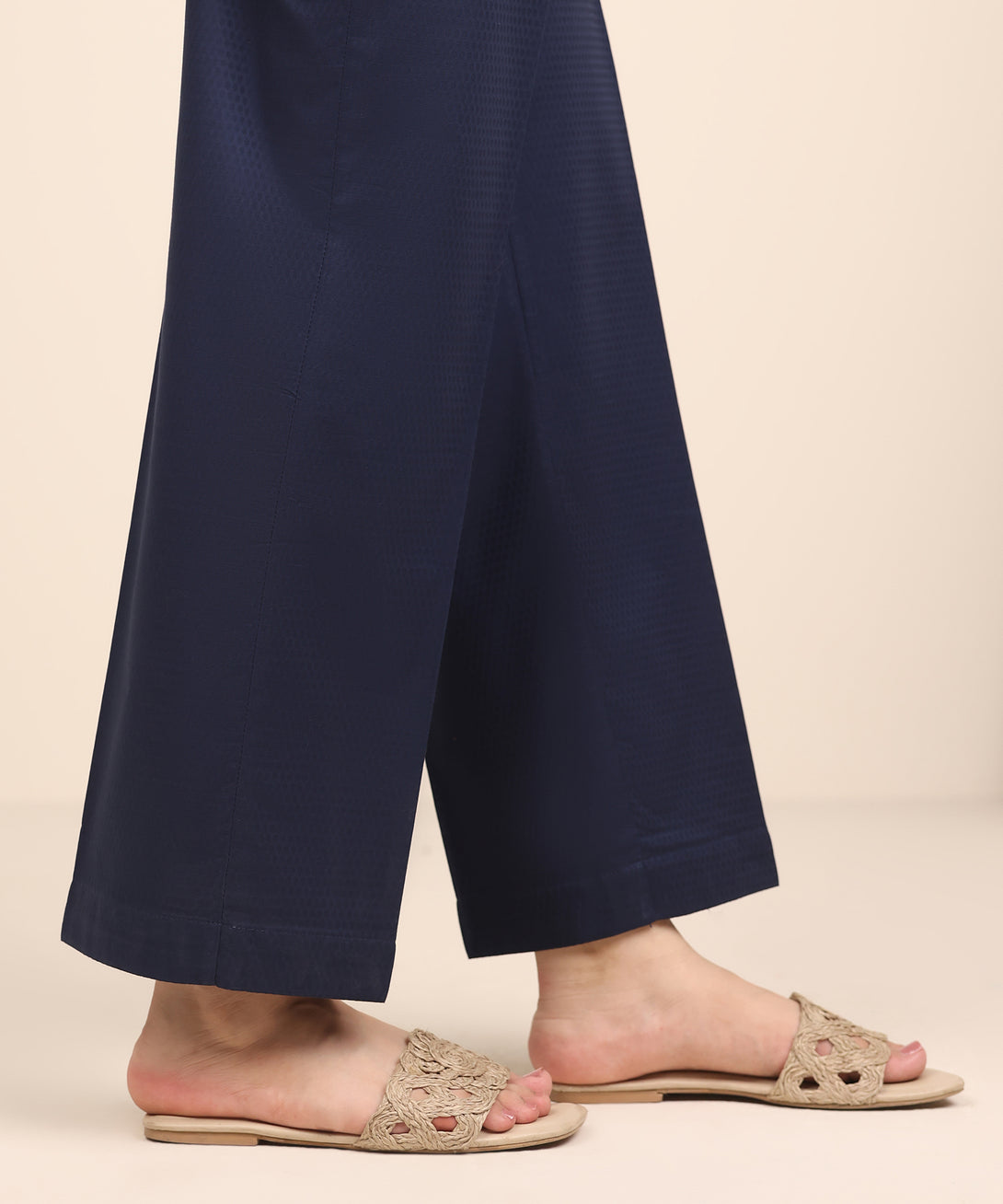 Women's RTW Textured Cotton Blue Solid Straight Pants