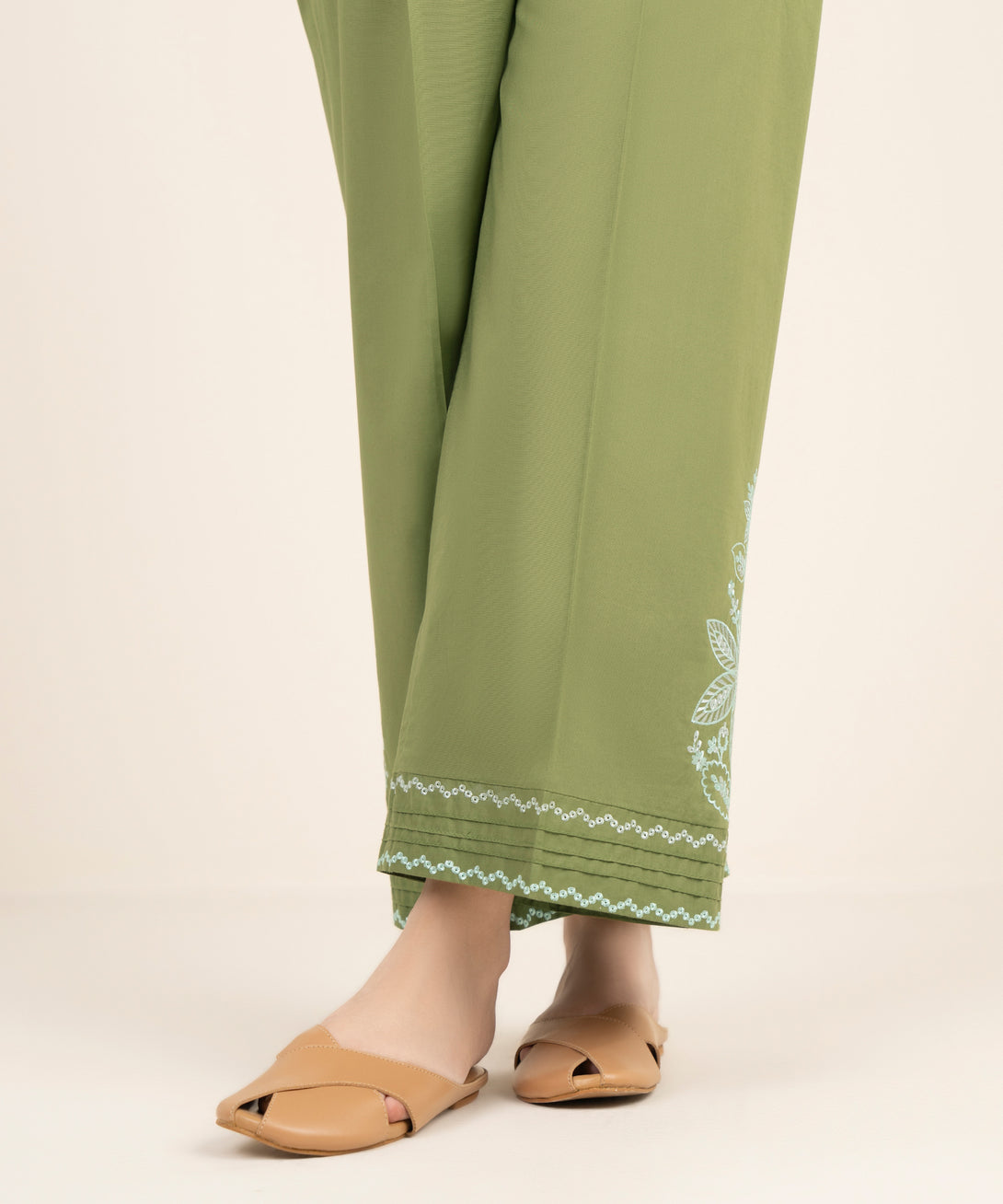 Women's RTW Cambric Embroidered Green Culottes