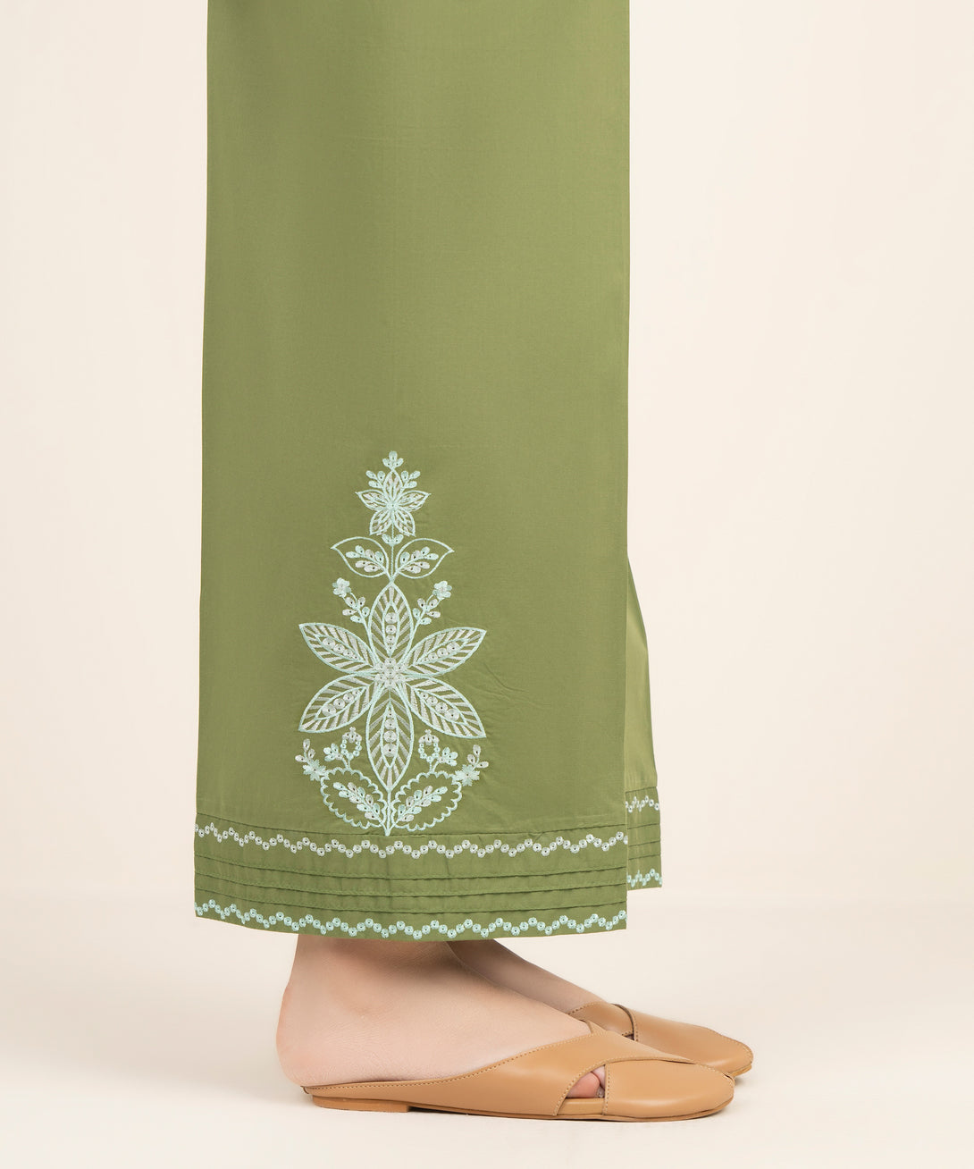 Women's RTW Cambric Embroidered Green Culottes
