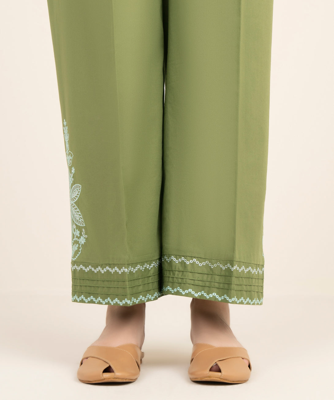 Women's RTW Cambric Embroidered Green Culottes