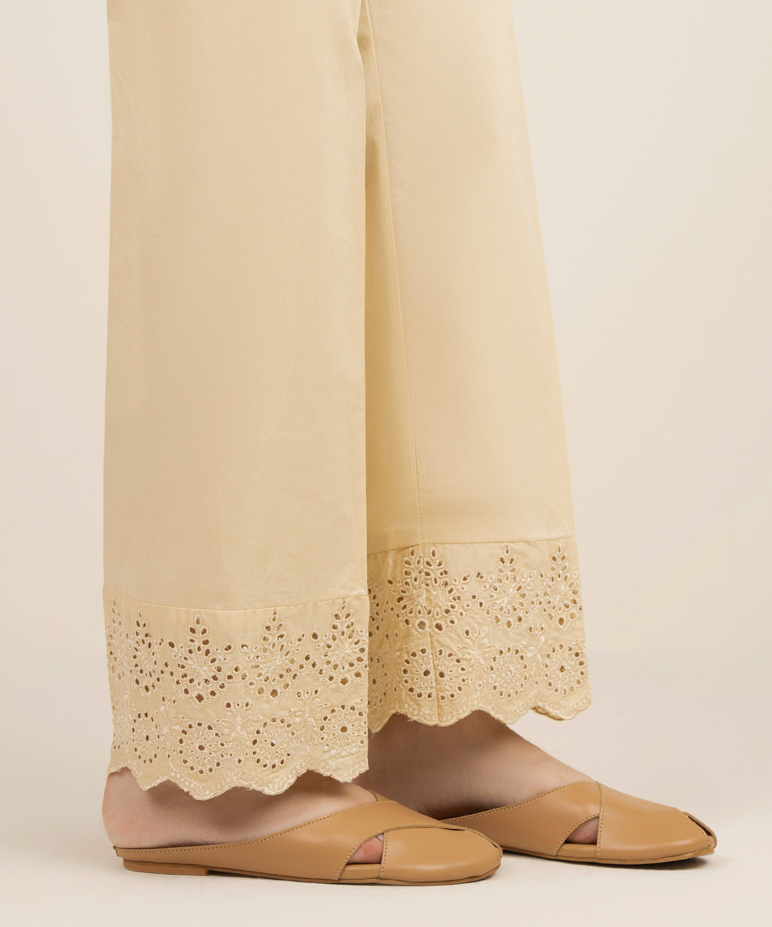 Women's RTW Cotton Embroidered Beige Straight Pants